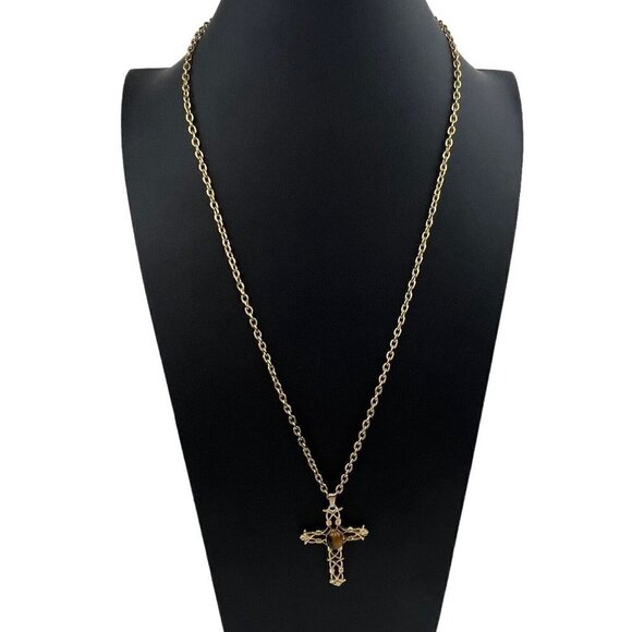 Tiger Eye Cabochon Cross Crucifix Pendant 28" Gold Tone Chain Necklace Religious - Picture 2 of 10